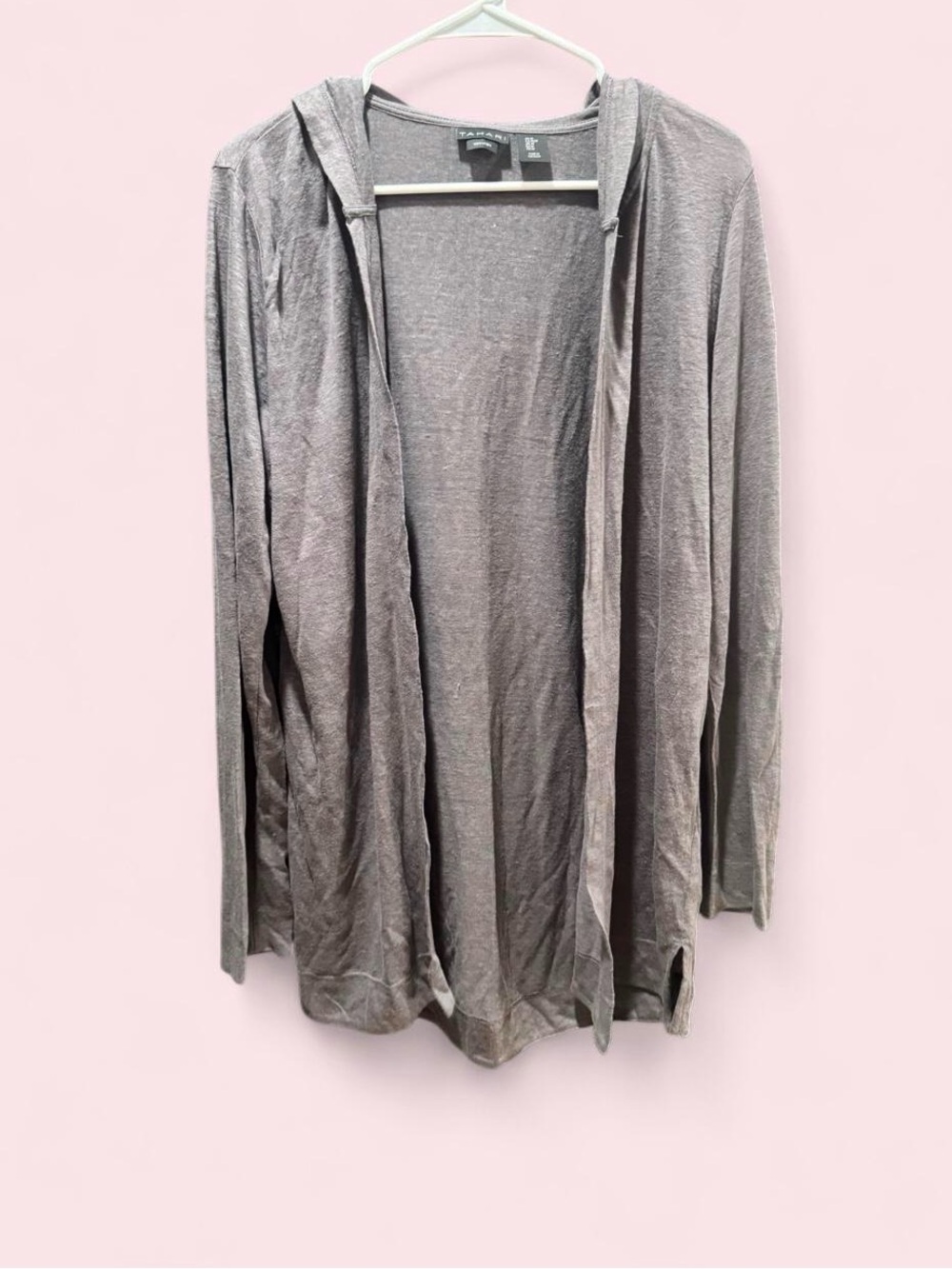 Tahari Gray Lightweight Hooded Open Cardigan 100% linen. Versatile layering.